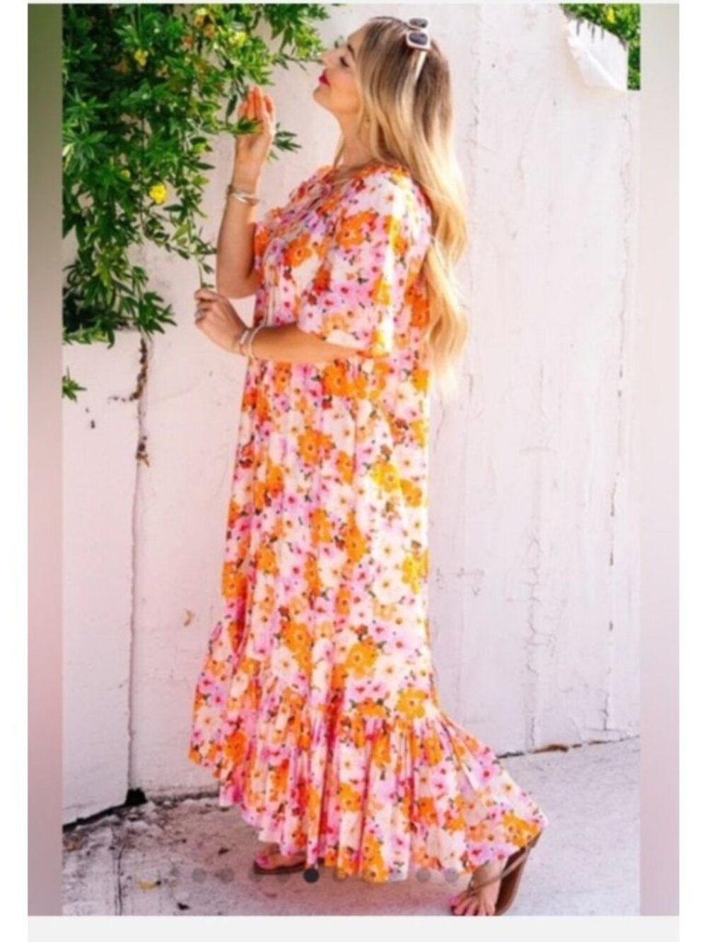 Ivy City Co. Haven Maxi Dress Sz L Floral Orange Pink Ruffle Whimsical‎ Boho EUC